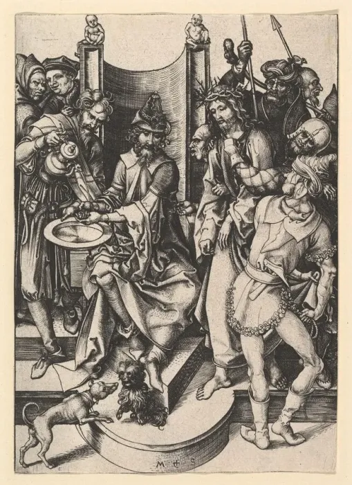 Framed Print : Pilate Washing His Hands, ca. 1435-1491. Creator: Martin Schongauer