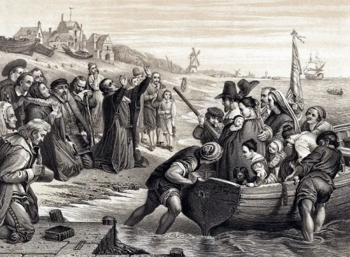 Framed Print : The Pilgrim Fathers leaving Delft Haven on their voyage to America, July 1620 (1878) Framed Print : The Pilgrim Fathers leaving Delft Haven on their voyage to America, July 1620 (1878)