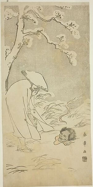 A Pilgrim Praying through the Night to the Buddha (kannenbutsu) is Startled by a Ghostly... c.1768. Creator: Shunsho
