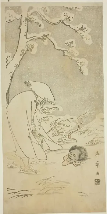 Framed Print : A Pilgrim Praying through the Night to the Buddha (kannenbutsu) is Startled by a Ghostly... c.1768. Creator: Shunsho Framed Print : A Pilgrim Praying through the Night to the Buddha (kannenbutsu) is Startled by a Ghostly... c.1768. Creator: Shunsho