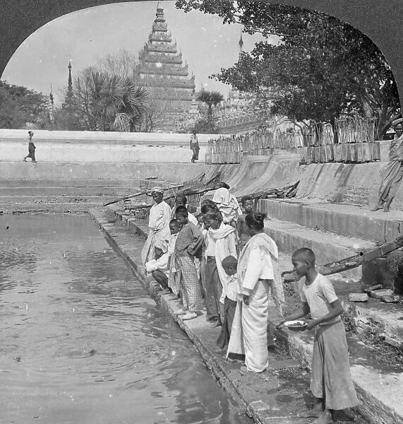 Pilgrims feeding holy turtles, Arakan Pagoda, Mandalay, Burma, 1908. Artist: Stereo Travel Co