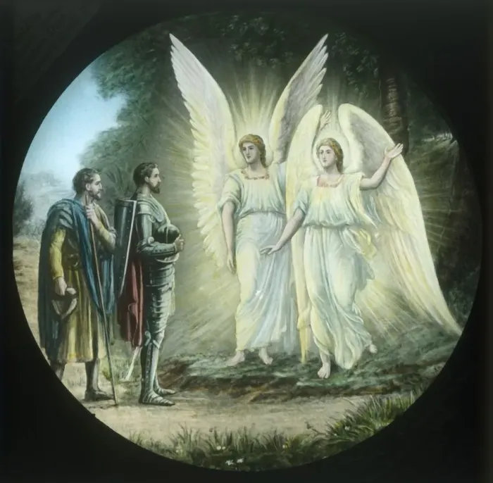 Framed Print : The Pilgrims meet the two shining ones, c1910. Creator: Unknown Framed Print : The Pilgrims meet the two shining ones, c1910. Creator: Unknown
