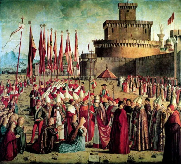Framed Print : The Pilgrims are met by Pope Cyriacus in front of the Walls of Rome (The Legend of Saint Ursula), 1497. Artist: Carpaccio, Vittore (1460-1526) Framed Print : The Pilgrims are met by Pope Cyriacus in front of the Walls of Rome (The Legend of Saint Ursula), 1497. Artist: Carpaccio, Vittore (1460-1526)