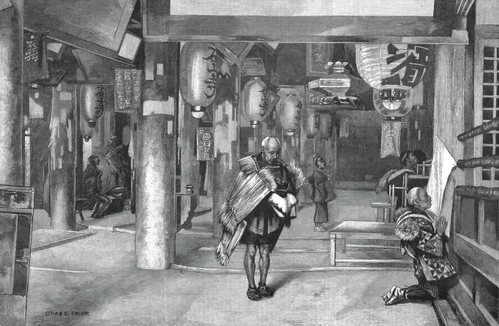 Framed Print : Pilgrims Praying in a Temple, Japan, 1891. Creator: Charles Edwin Fripp Framed Print : Pilgrims Praying in a Temple, Japan, 1891. Creator: Charles Edwin Fripp