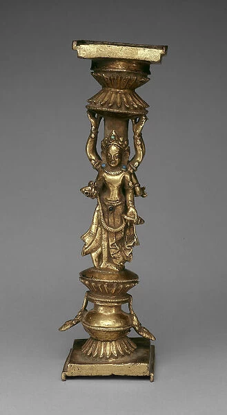 Pillar Support of an Addorsed Female Bodhisattva and an Offering Goddess, 15th century