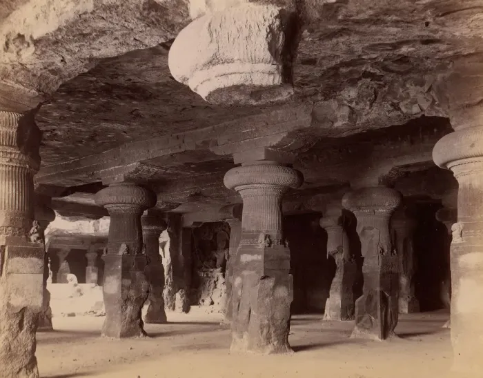 Framed Print : Pillars in the Monolithic Temple at Elephanta, Near Bombay, 1860s-70s. Creator: Unknown