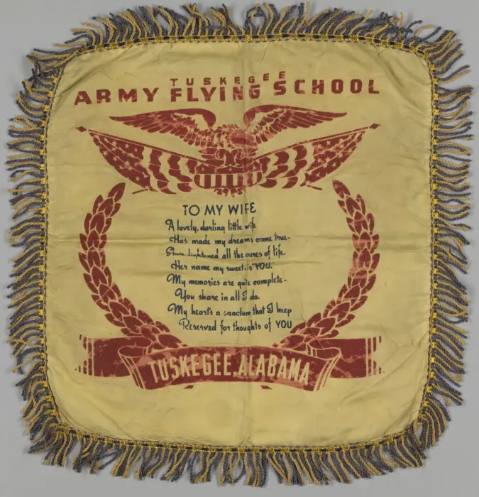 Framed Print : Pillow sham with Tuskegee Flying School poem, 1941-1946. Creator: Unknown