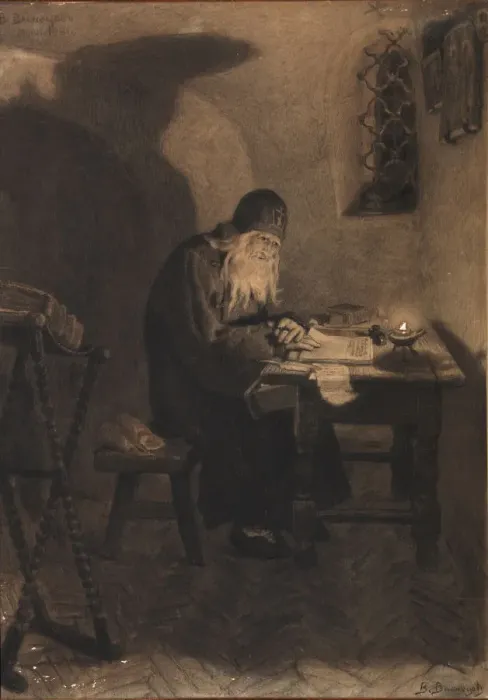 Framed Print : Pimen. Illustration to the Drama Boris Godunov by A. Pushkin. Artist: Vasnetsov, Viktor Mikhaylovich (1848-1926) Framed Print : Pimen. Illustration to the Drama Boris Godunov by A. Pushkin. Artist: Vasnetsov, Viktor Mikhaylovich (1848-1926)