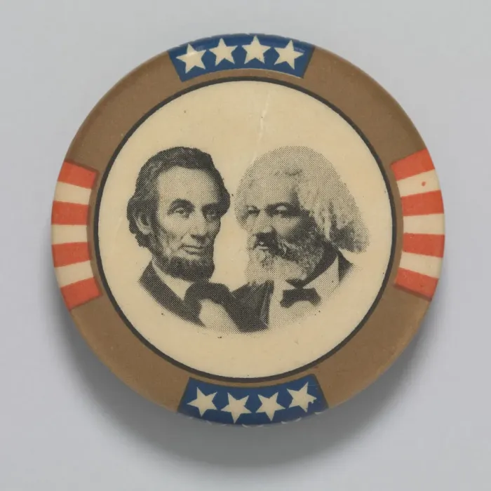 Framed Print : Pinback button featuring Abraham Lincoln and Frederick Douglass, 1960s. Creator: Unknown Framed Print : Pinback button featuring Abraham Lincoln and Frederick Douglass, 1960s. Creator: Unknown