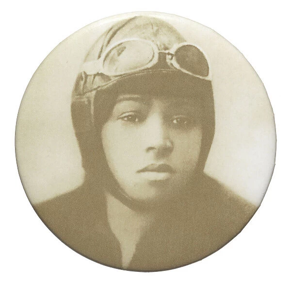 Pinback button featuring a portrait of Bessie Coleman, mid to late 20th century