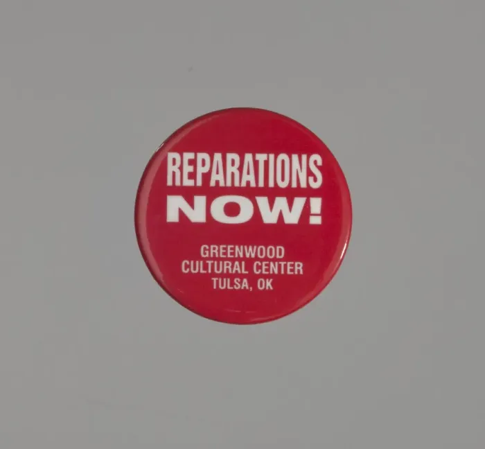 Framed Print : Pinback button promoting reparations for the Tulsa Race Massacre, ca. 2001 Framed Print : Pinback button promoting reparations for the Tulsa Race Massacre, ca. 2001