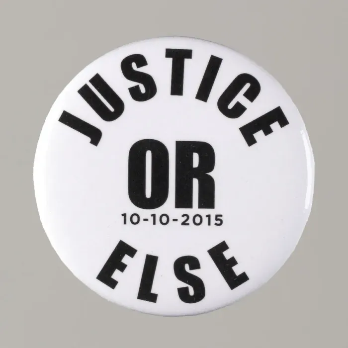 Framed Print : Pinback button stating Justice Or Else 10-10-2015, from MMM 20th Anniversary Framed Print : Pinback button stating Justice Or Else 10-10-2015, from MMM 20th Anniversary