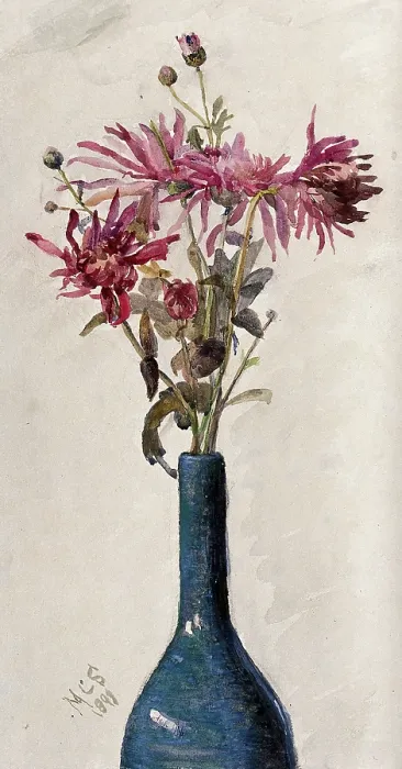 Framed Print : Pink flowers, possibly chrysanthemums, arranged in a bottle, 1898. Creator: Marie Stopes Framed Print : Pink flowers, possibly chrysanthemums, arranged in a bottle, 1898. Creator: Marie Stopes