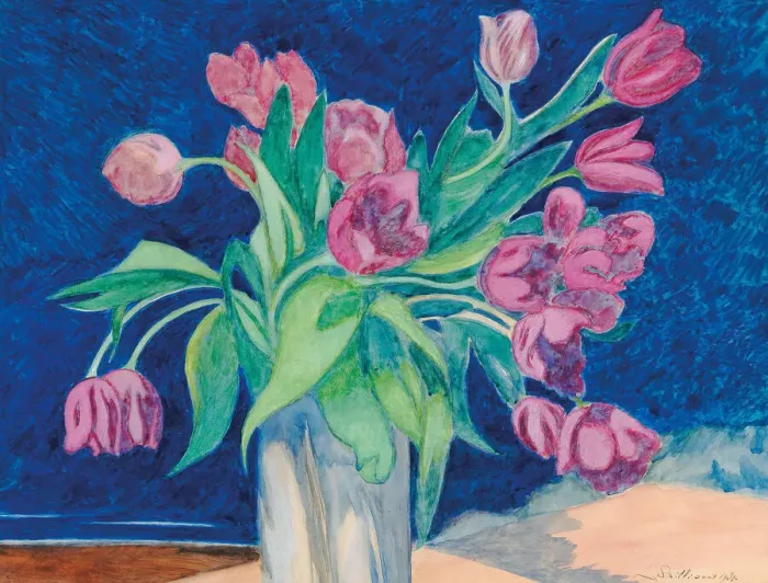 Framed Print : Pink tulips in a vase, in the background a seascape with dunes, 1935 Framed Print : Pink tulips in a vase, in the background a seascape with dunes, 1935