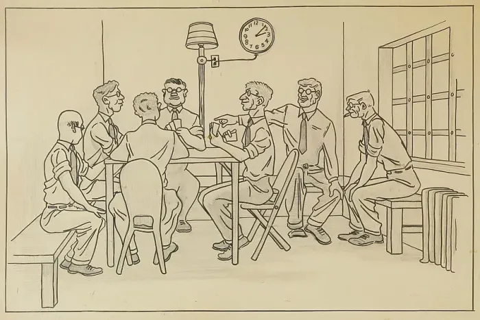 Framed Print : Pinochle: Guards at the Walters Art Gallery, 1953. Creator: Walter Chatelaine Framed Print : Pinochle: Guards at the Walters Art Gallery, 1953. Creator: Walter Chatelaine