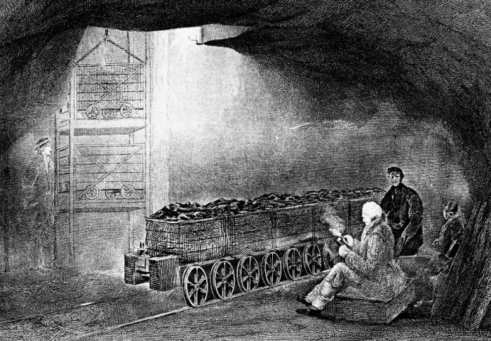 Framed Print : Bottom of a pit shaft in a coal mine with a train of loaded wagons, 1860 Framed Print : Bottom of a pit shaft in a coal mine with a train of loaded wagons, 1860