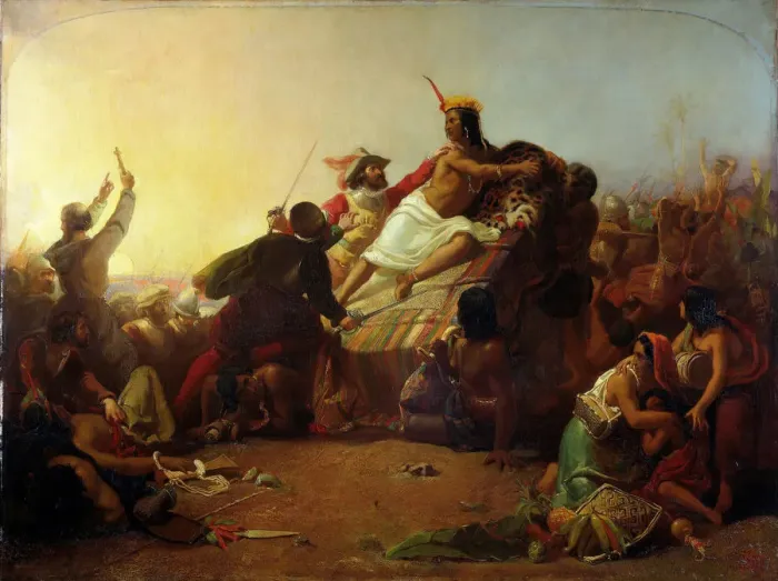 Framed Print : Pizarro Seizing the Inca of Peru, 1846. Artist: Millais, John Everett (1829-1896) Framed Print : Pizarro Seizing the Inca of Peru, 1846. Artist: Millais, John Everett (1829-1896)