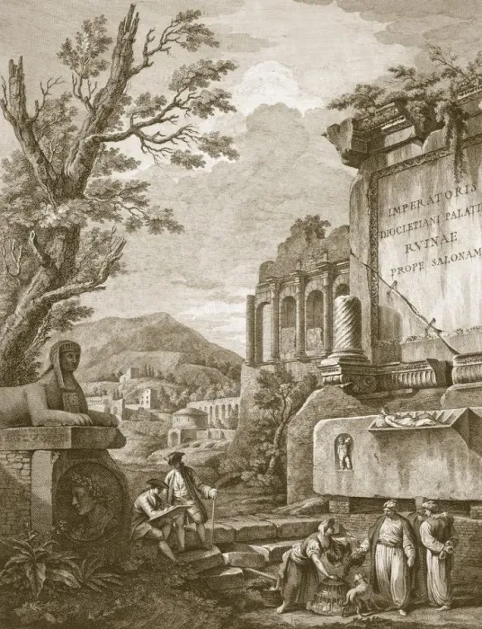 Framed Print : Pl. I from Ruins of the Palace of Emperor Diocletian at Spalatro in Dalmatia, pub. 1764. Creator: Robert Adam (1728-92) Framed Print : Pl. I from Ruins of the Palace of Emperor Diocletian at Spalatro in Dalmatia, pub. 1764. Creator: Robert Adam (1728-92)