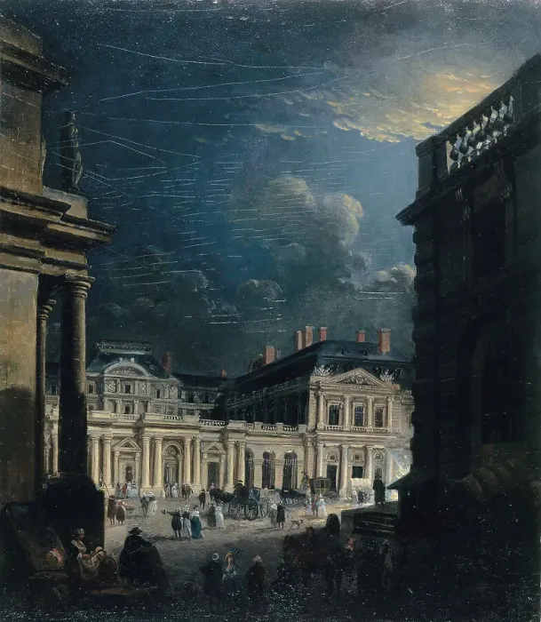 Framed Print : Place du Palais-Royal, in moonlight, c1765. Creator: Pierre-Antoine Demachy Framed Print : Place du Palais-Royal, in moonlight, c1765. Creator: Pierre-Antoine Demachy