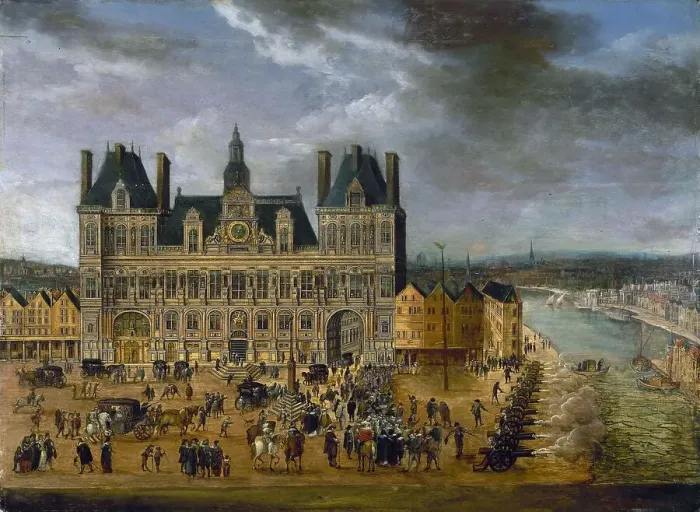Framed Print : Place de Greve and Hotel de Ville, during a public holiday, around 1640. Creator: Unknown Framed Print : Place de Greve and Hotel de Ville, during a public holiday, around 1640. Creator: Unknown