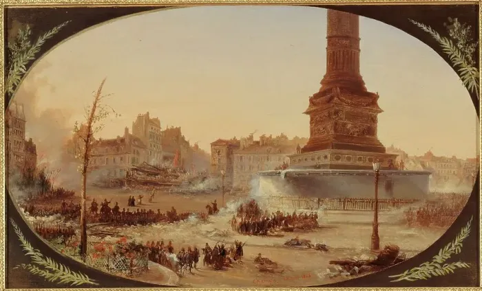 Framed Print : Place de la Bastille and barricade at the entrance to Faubourg Saint-Antoine, June 25, 1848. Creator: Jean Jacques Champin
