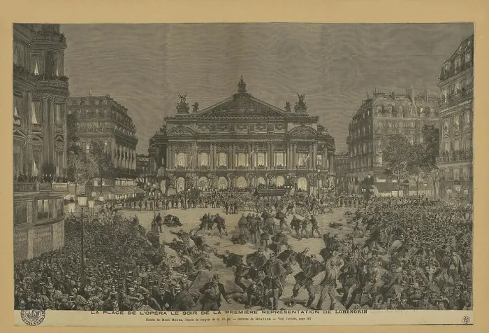 Framed Print : Place de l'Opéra on the evening of the Paris first performance of Lohengrin, 1891. Creator: Méaulle, Fortuné (1844-1916) Framed Print : Place de l'Opéra on the evening of the Paris first performance of Lohengrin, 1891. Creator: Méaulle, Fortuné (1844-1916)