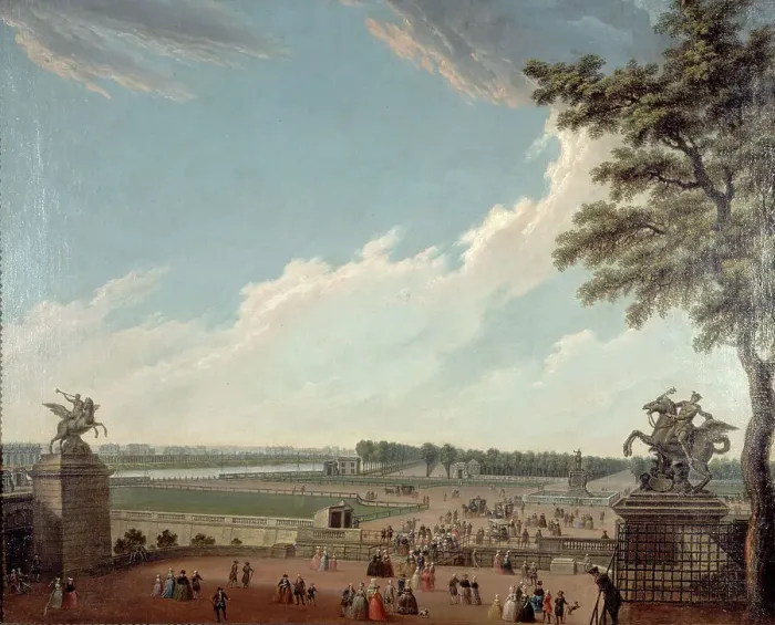 Framed Print : Place Louis XV and the Champs-Elysées, seen from the swing bridge, around 1780... Creator: Unknown Framed Print : Place Louis XV and the Champs-Elysées, seen from the swing bridge, around 1780... Creator: Unknown