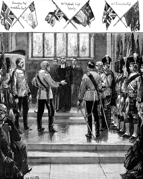 Framed Print : Placing the old Scottish Regimental Colours in St. Giles Cathedral, Edinburgh, 1883. Creator: Unknown. Placing the old Scottish Regimental Colours in St Framed Print : Placing the old Scottish Regimental Colours in St. Giles Cathedral, Edinburgh, 1883. Creator: Unknown. Placing the old Scottish Regimental Colours in St
