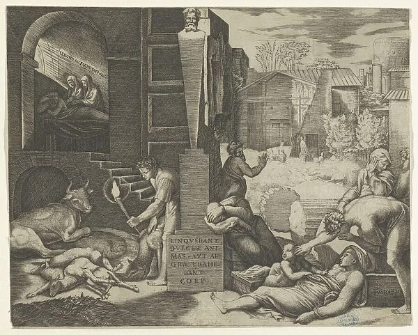 A plague scene at right, a man at left holding a torch illuminating part of the sce... ca. 1515-16. Creator: Marcantonio Raimondi
