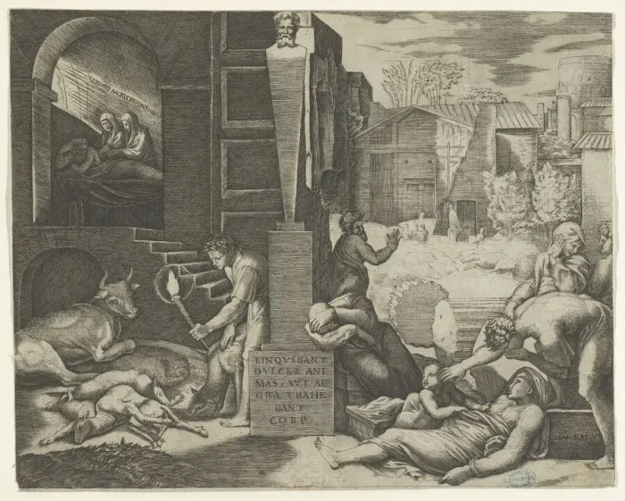 Framed Print : A plague scene at right, a man at left holding a torch illuminating part of the sce... ca. 1515-16. Creator: Marcantonio Raimondi Framed Print : A plague scene at right, a man at left holding a torch illuminating part of the sce... ca. 1515-16. Creator: Marcantonio Raimondi