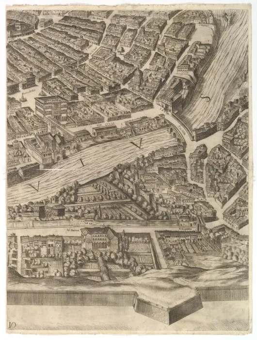 Framed Print : Plan of the City of Rome. Part 10 with the Tiber and the Villa Farnesina, 1645 Framed Print : Plan of the City of Rome. Part 10 with the Tiber and the Villa Farnesina, 1645