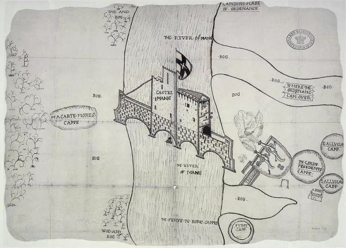 Framed Print : Plan depicting the siege by Sir John Perot, Lord President of Munster, County Kerry Castlemaine, 1572 Creator: Unknown Framed Print : Plan depicting the siege by Sir John Perot, Lord President of Munster, County Kerry Castlemaine, 1572 Creator: Unknown