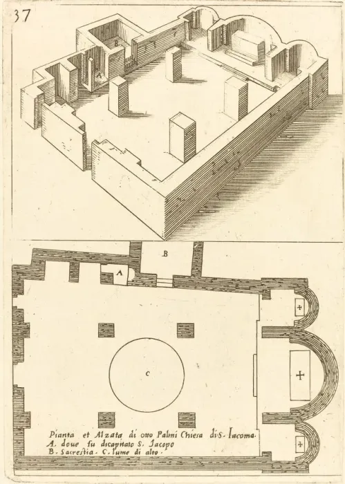 Framed Print : Plan and Elevation of the Church of S. Iacoma, 1619. Creator: Jacques Callot