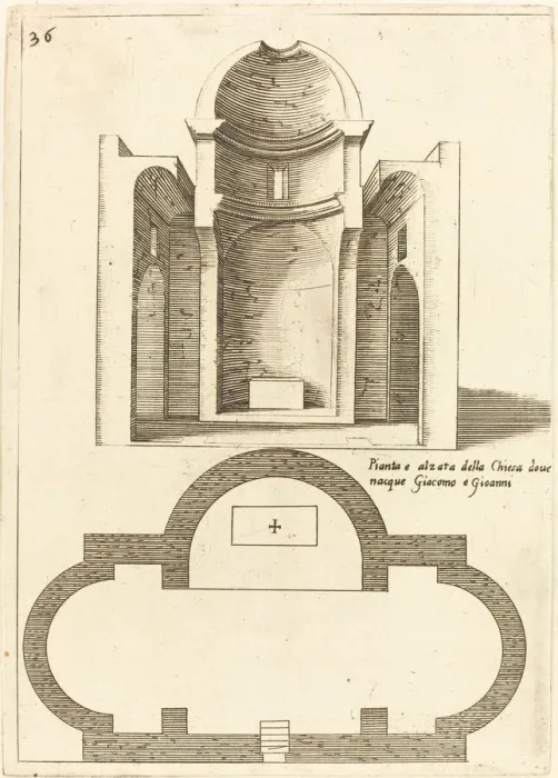 Framed Print : Plan and Elevation of the Church of Saints James and John, 1619. Creator: Jacques Callot Framed Print : Plan and Elevation of the Church of Saints James and John, 1619. Creator: Jacques Callot