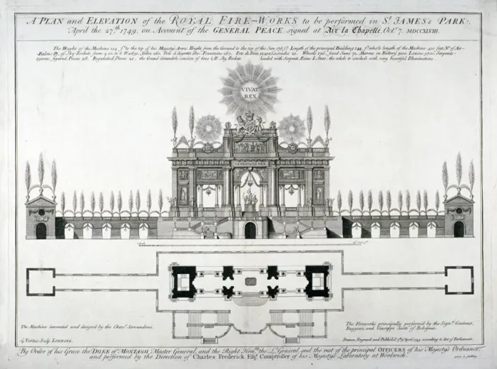 Framed Print : Plan and elevation of the royal fireworks to be performed in St Jamess Park, London, 1749 Framed Print : Plan and elevation of the royal fireworks to be performed in St Jamess Park, London, 1749