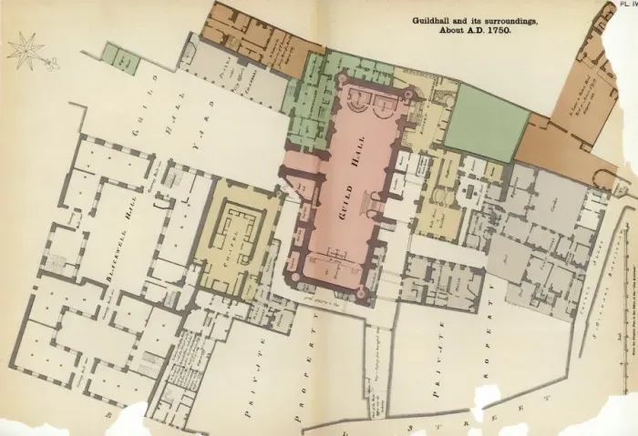 Framed Print : Plan of Guildhall and its surroundings, City of London, c1750 (1886) Framed Print : Plan of Guildhall and its surroundings, City of London, c1750 (1886)