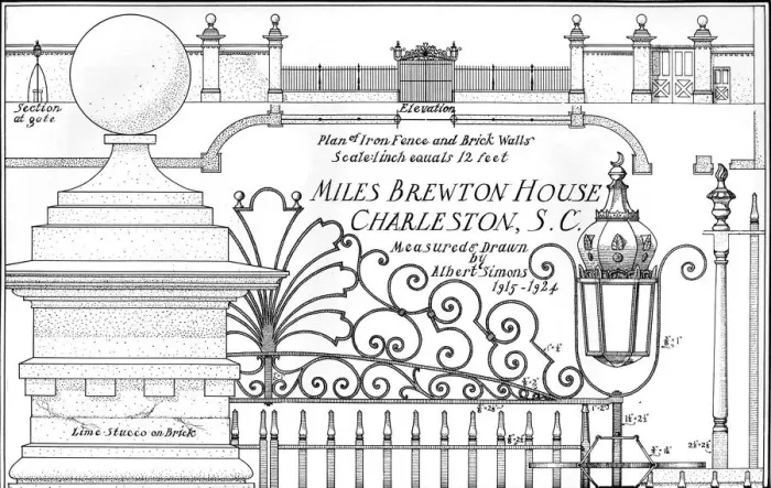 Framed Print : Plan of iron fence and brick walls, Miles Brewton House, Charleston, South Carolina, 1926. Artist: Albert Simons Framed Print : Plan of iron fence and brick walls, Miles Brewton House, Charleston, South Carolina, 1926. Artist: Albert Simons