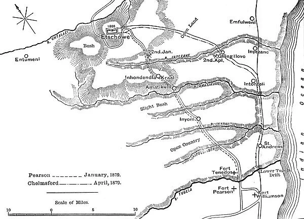 Plan of the Marches of Pearson (Jan. 1879) and of Chelmsford (April, 1879) to Etschowe, c1880