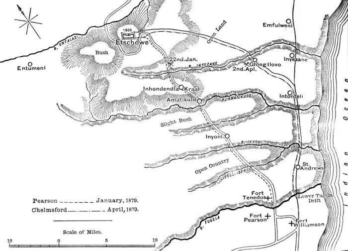 Framed Print : Plan of the Marches of Pearson (Jan. 1879) and of Chelmsford (April, 1879) to Etschowe, c1880 Framed Print : Plan of the Marches of Pearson (Jan. 1879) and of Chelmsford (April, 1879) to Etschowe, c1880