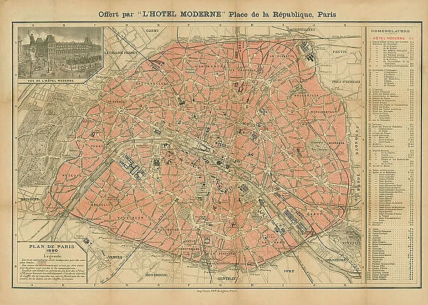 Plan de Paris, 1890. Offert par l'Hôtel Moderne, Place de la République, Paris, 1890. Creator: Anonymous