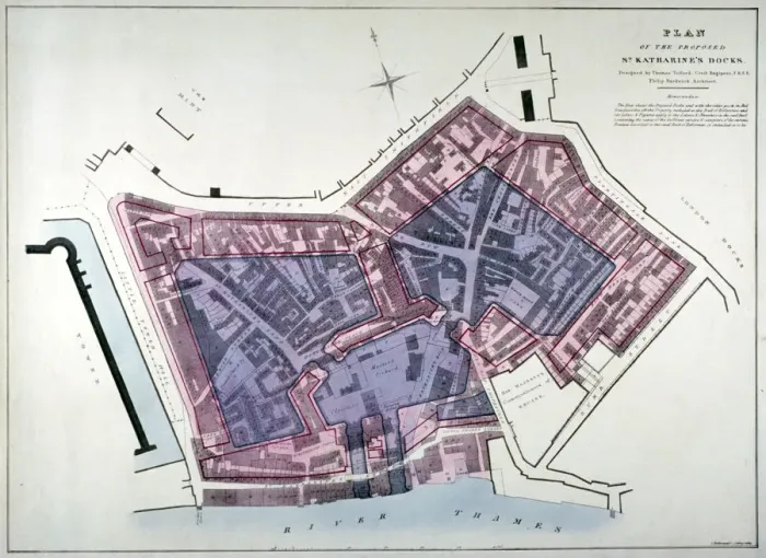 Framed Print : Plan of a proposal to construct a dock on the site of St Katharines Hospital, London, c1825 Framed Print : Plan of a proposal to construct a dock on the site of St Katharines Hospital, London, c1825