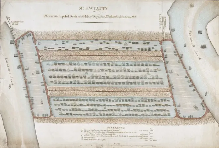 Framed Print : Plan of proposed docks at the Isle of Dogs, now the site of West India Docks, London, 1820 Framed Print : Plan of proposed docks at the Isle of Dogs, now the site of West India Docks, London, 1820