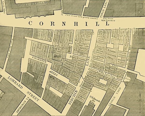 Plan showing the Extent of the Great Fire in Cornhill in 1748, (c1872). Creator: Unknown