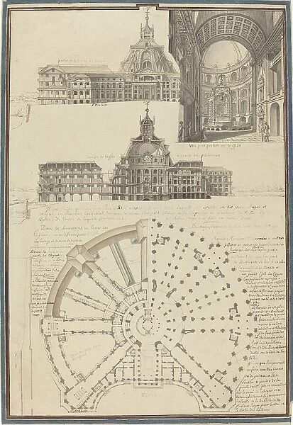 Plan and Three Views of a Circular Church, c. 1750. Creator: Pierre Varin