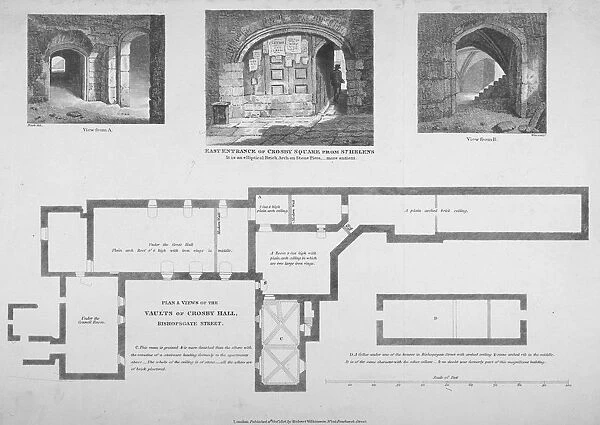 Plan and two views of the Crosby Hall vaults at no 36 Bishopsgate, City of London, 1816
