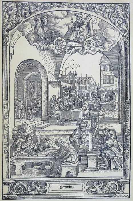 Framed Print : The planet Mercury and artists, scholars and technicians, c1535. Creator: Sebald Beham Framed Print : The planet Mercury and artists, scholars and technicians, c1535. Creator: Sebald Beham