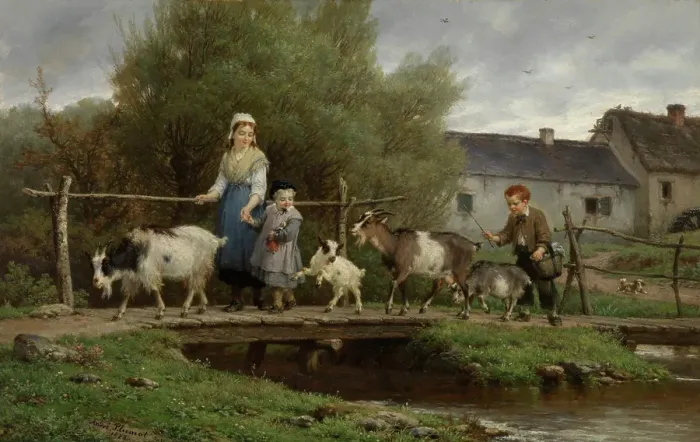 Framed Print : Over the Plank Bridge, 1878. Creator: Andre Plumot Framed Print : Over the Plank Bridge, 1878. Creator: Andre Plumot