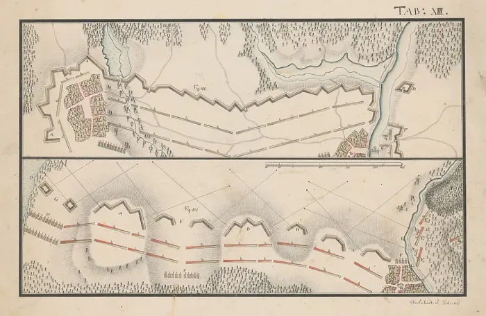 Framed Print : Two plans - defensive lines and distribution of troops near settlements, 2nd half 18th century. Creator: Unknown Framed Print : Two plans - defensive lines and distribution of troops near settlements, 2nd half 18th century. Creator: Unknown