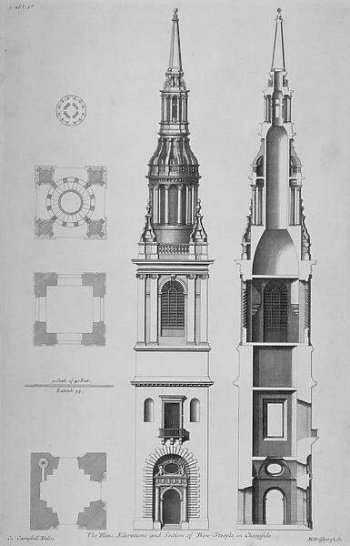 Plans, elevations and section of the Church of St Mary-le-Bow, Cheapside, City of London, 1725