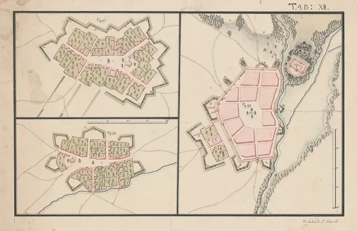 Framed Print : Plans of three settlements with fortifications, 2nd half 18th century. Creator: Unknown Framed Print : Plans of three settlements with fortifications, 2nd half 18th century. Creator: Unknown